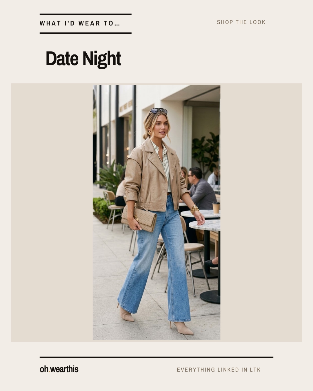 Date night outfit: tan leather bomber over a striped shirt, wide-leg denim, pointed suede heel boots, woven clutch