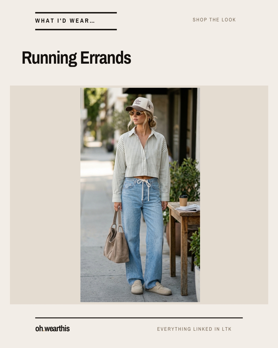 Running errands outfit: striped cropped shirt, light-wash baggy jeans, suede clog mules, suede hobo bag, cap and oval sunglasses