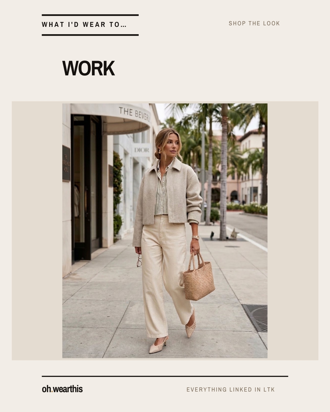 Work outfit: oatmeal collar cropped jacket over a striped shirt, cream wide-leg trousers, woven slingback kitten heels, woven tote