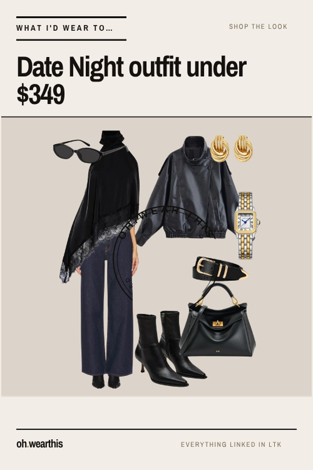 Date night outfit under $349: black lace-trim top, dark denim, leather jacket, pointed boots, gold knot earrings