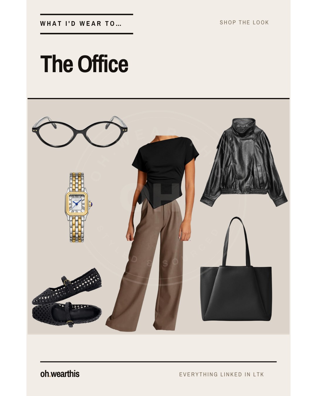 The Office outfit: asymmetric black top, brown wide-leg trousers, woven flats, black tote