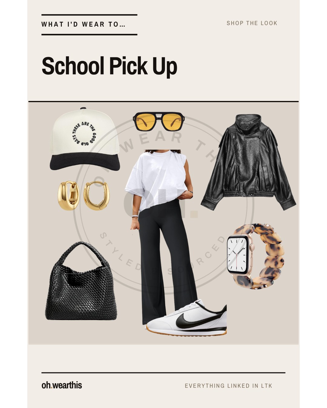 School pick up outfit: white tee, black wide-leg pants, leather jacket, Nike Cortez sneakers, woven bag