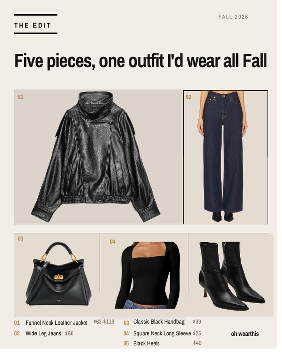 The Edit: funnel neck leather jacket, wide leg jeans, classic black handbag, square neck long sleeve, and black heels
